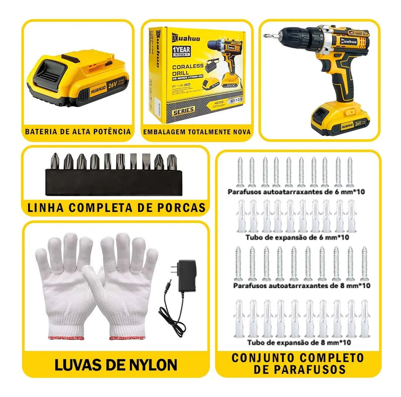 Parafusadeira e Furadeira Premium 26V + 2 Bateria de Brinde