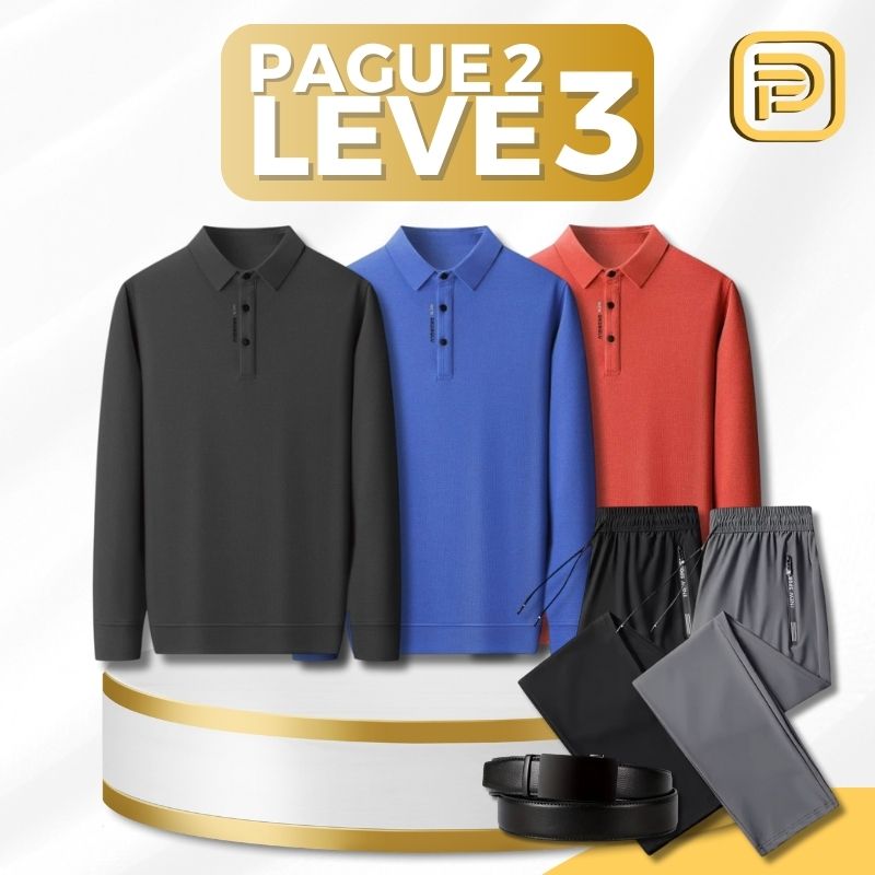 [PAGUE 2 LEVE 3] Camisa Polo Manga Longa Casual Patrick em Seda Gelo, Poliéster e Elastano + BRINDES: 2 Calças e Cinto