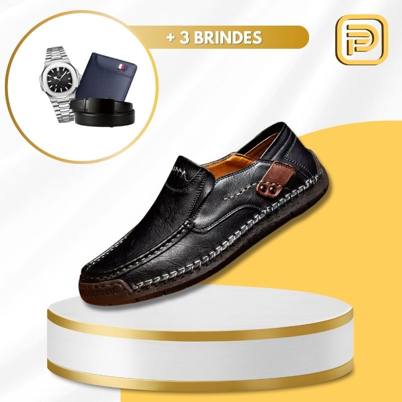Kit Sapato Mocassim Masculino Ortopédico em 100% Couro Legítimo + BRINDES: Cinto, Carteira e Relógio