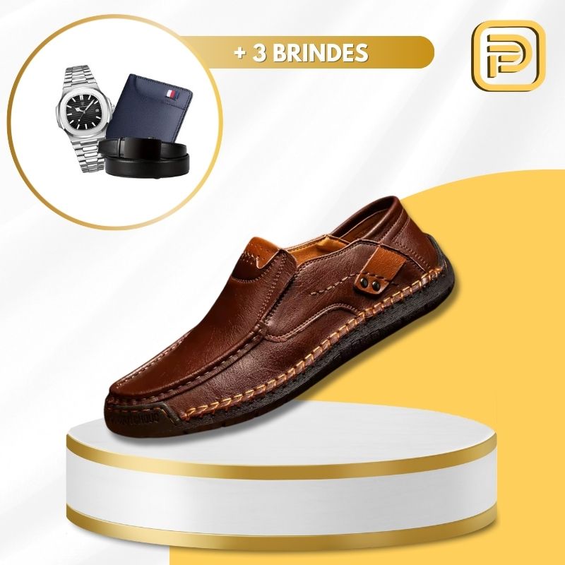 Kit Sapato Mocassim Masculino Ortopédico em 100% Couro Legítimo + BRINDES: Cinto, Carteira e Relógio