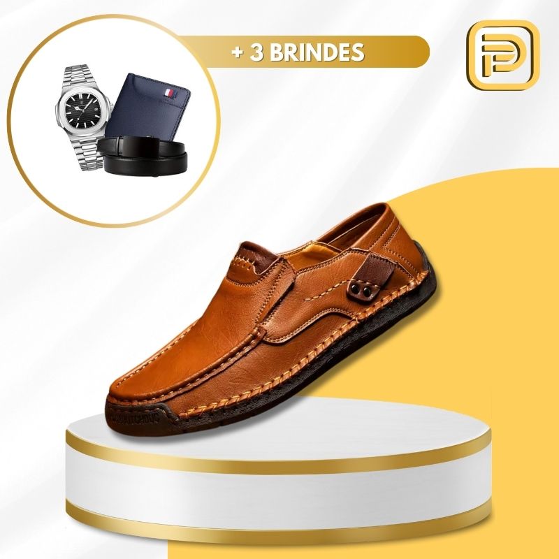 Kit Sapato Mocassim Masculino Ortopédico em 100% Couro Legítimo + BRINDES: Cinto, Carteira e Relógio
